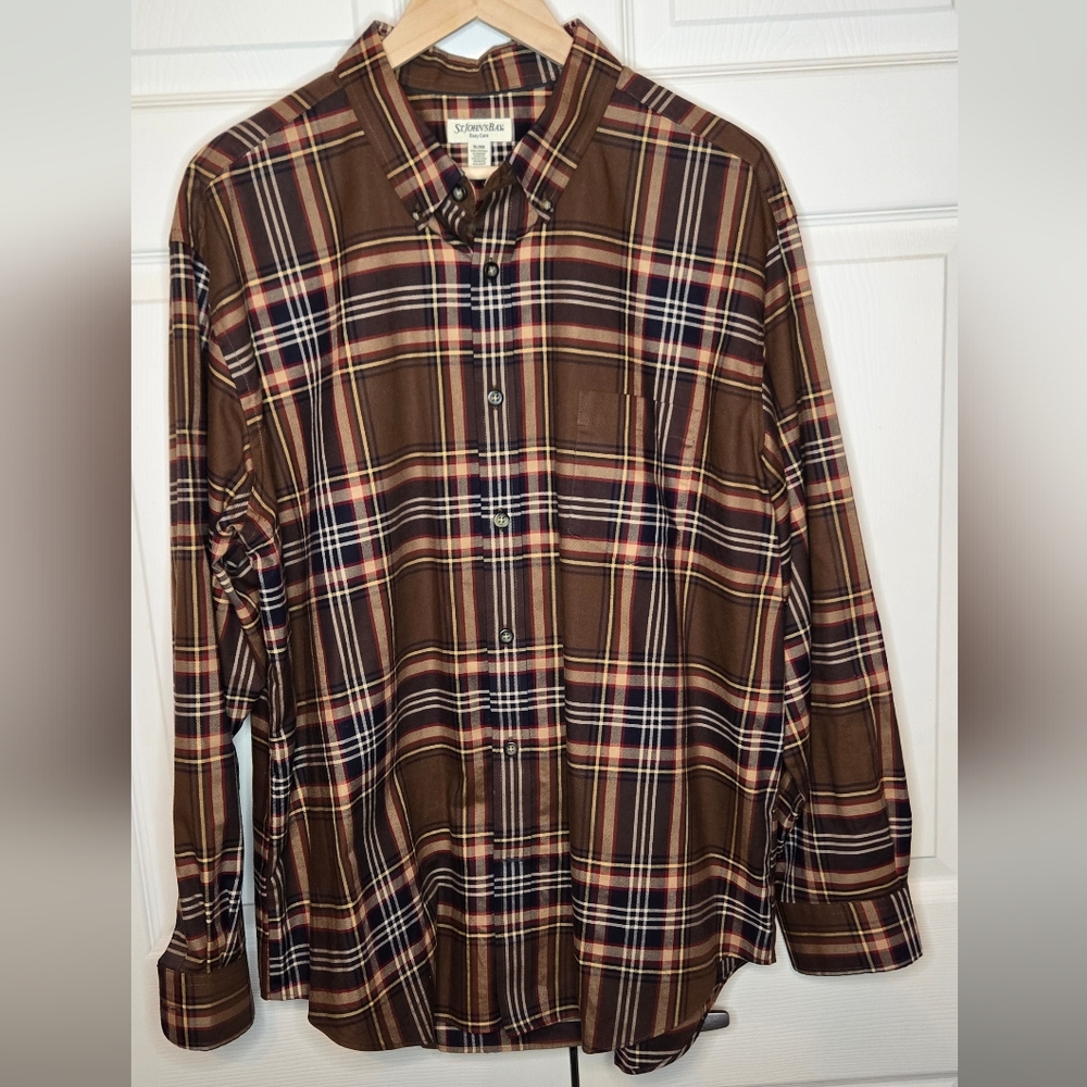 St. John’s Bay Men’s Plaid Button-Down Shirt – XL, Brown/Red/Navy, 100% Cotton